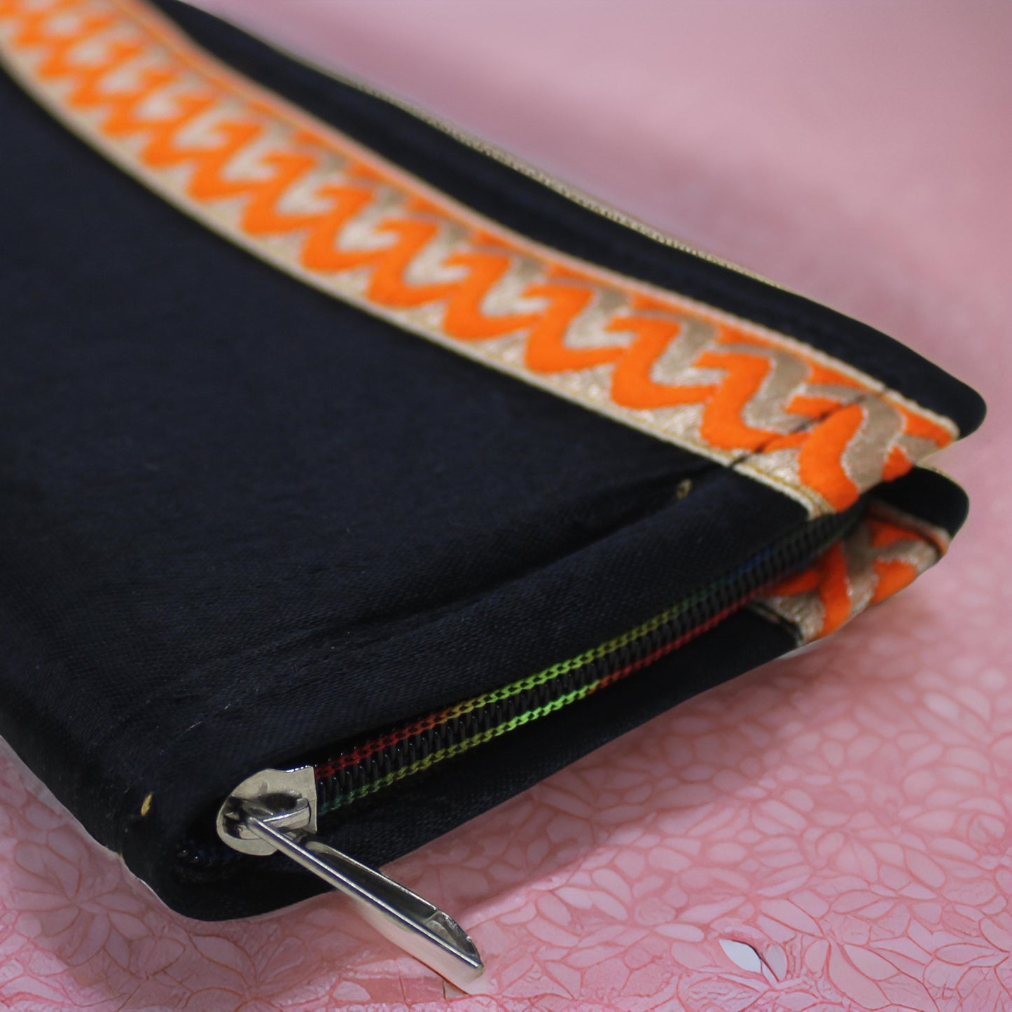 Black and Orange Embroidered Clutch