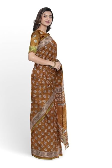 Cotton Block Printed Saree With Unstitched Blouse Piece
