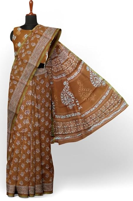 Cotton Block Printed Saree With Unstitched Blouse Piece