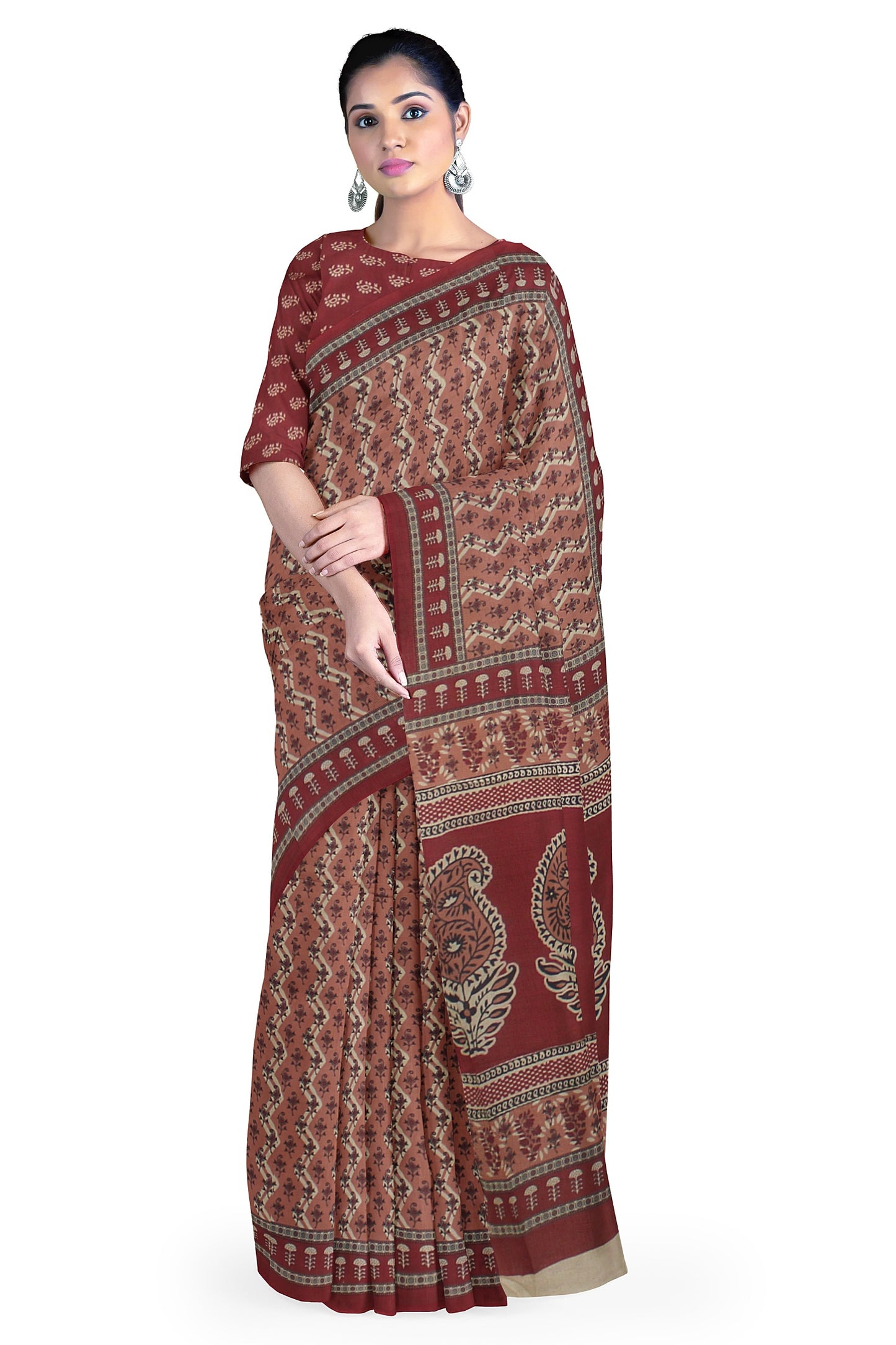 Cotton Block Printed Saree With Unstitched Blouse Piece