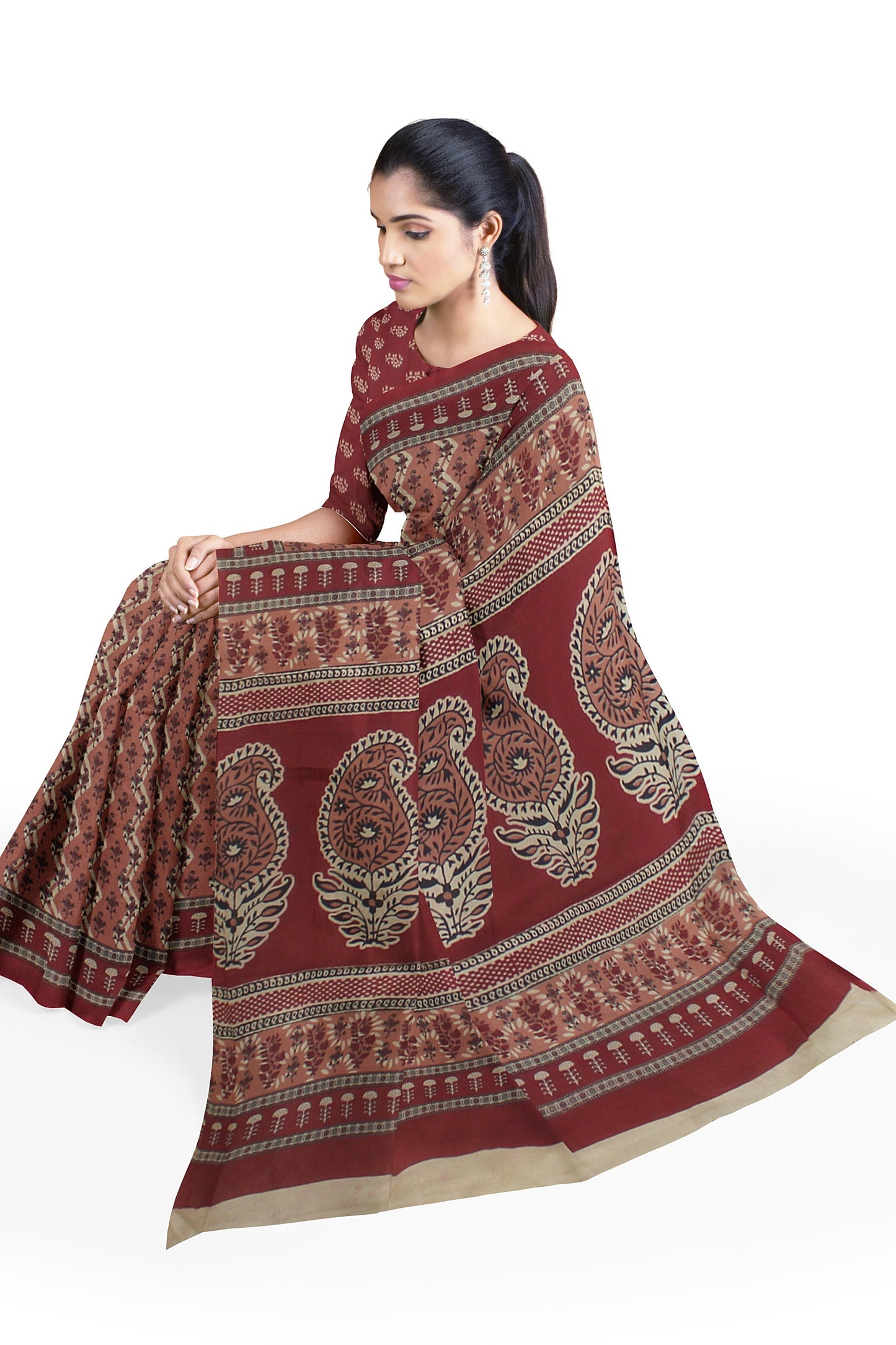 Cotton Block Printed Saree With Unstitched Blouse Piece