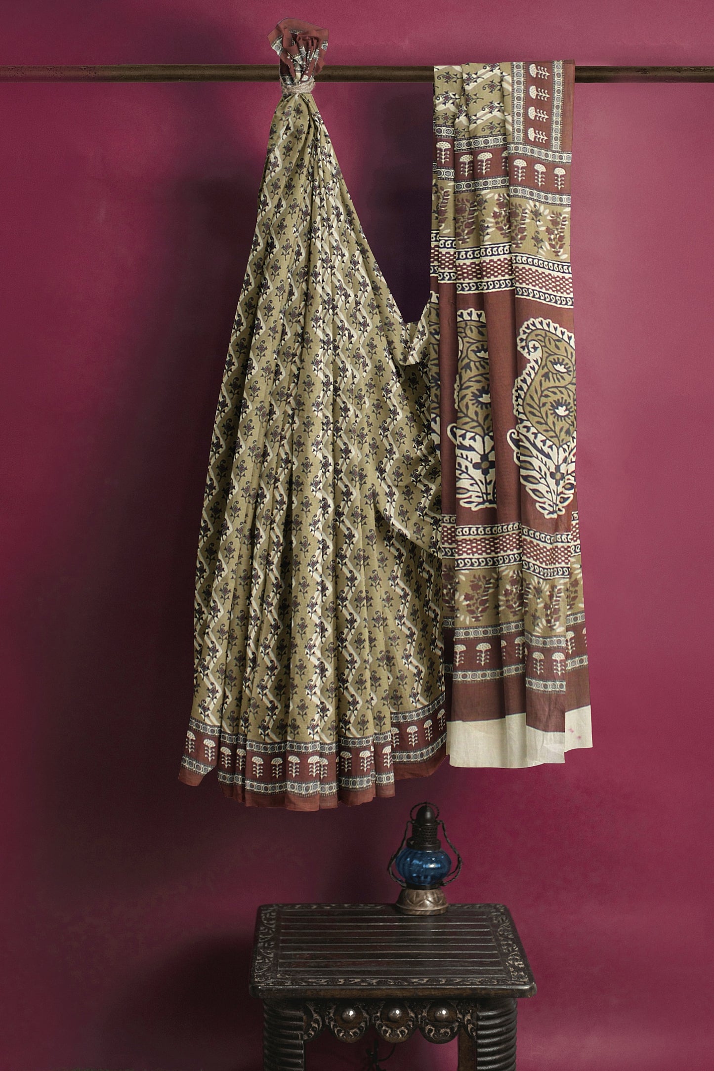 Cotton Block Printed Saree With Unstitched Blouse Piece