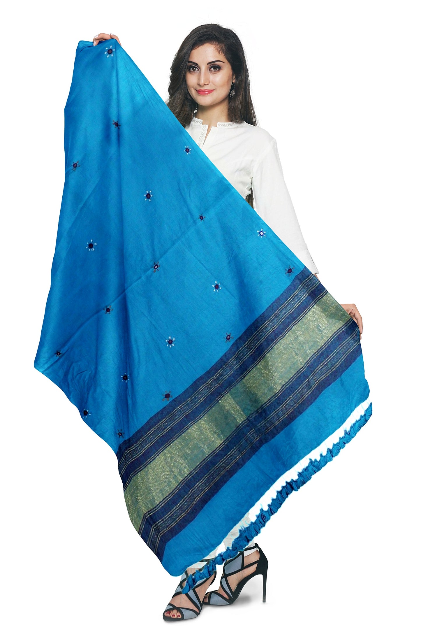 Elegant Hand-Embroidered Blue Woolen Shawl