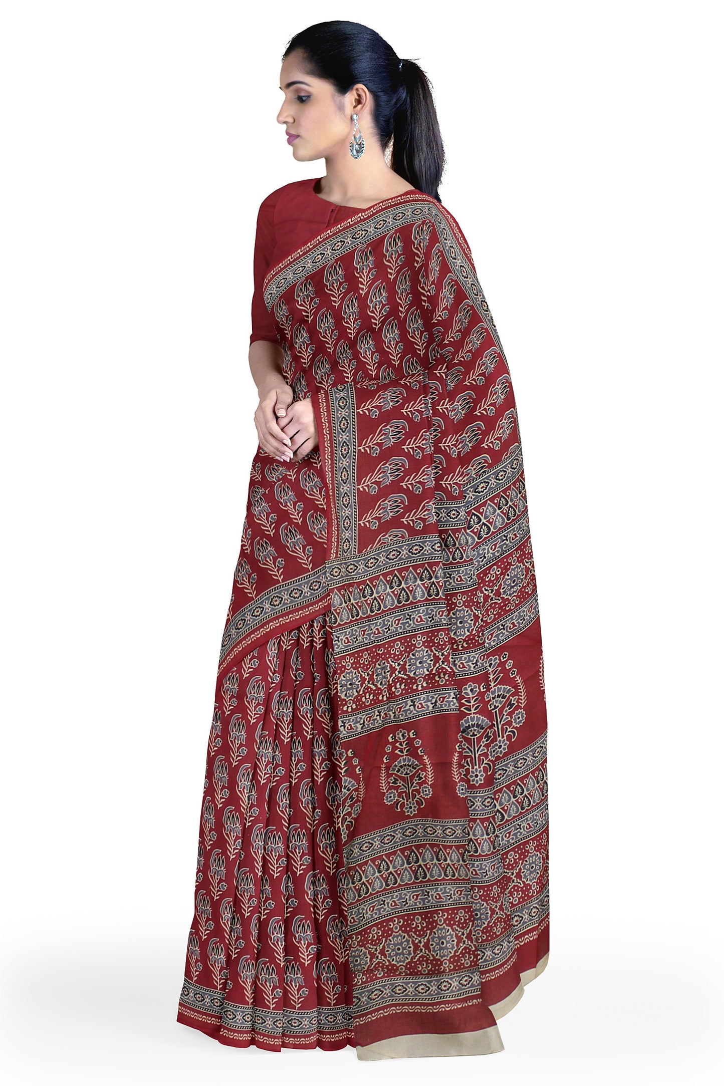Cotton Block Printed Saree With Unstitched Blouse Piece