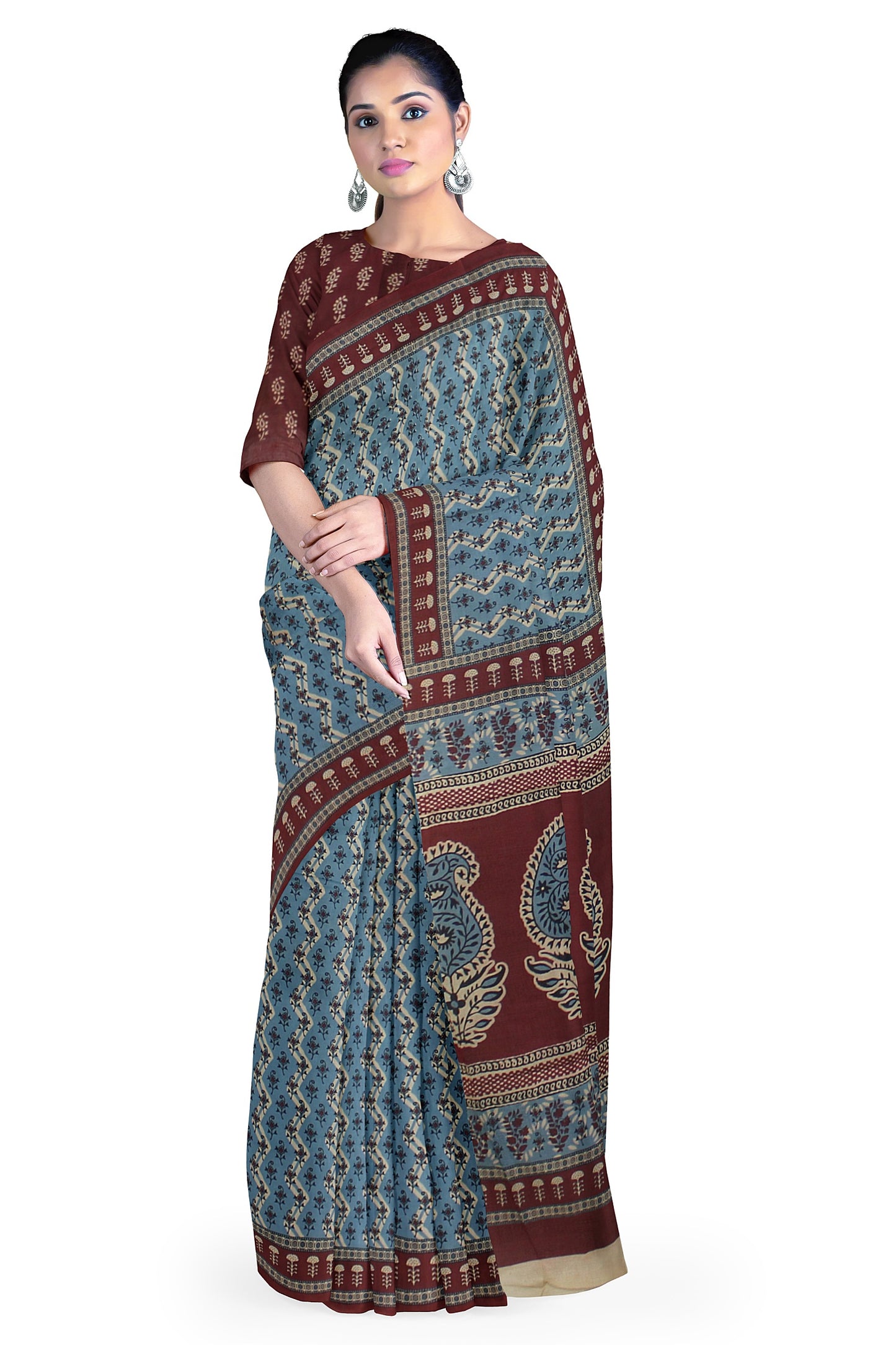 Cotton Block Printed Saree With Unstitched Blouse Piece