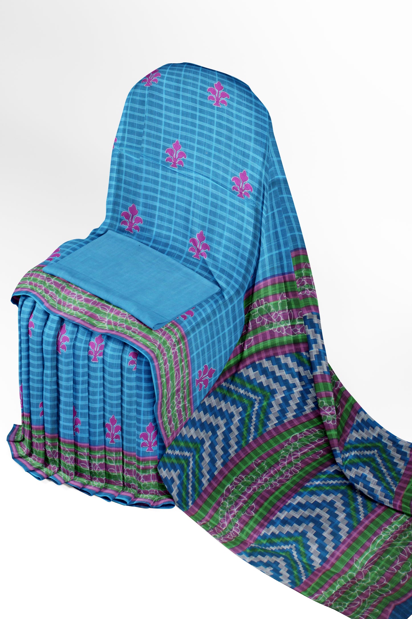 Blue Cotton Saree with Geometric and Floral Patterns