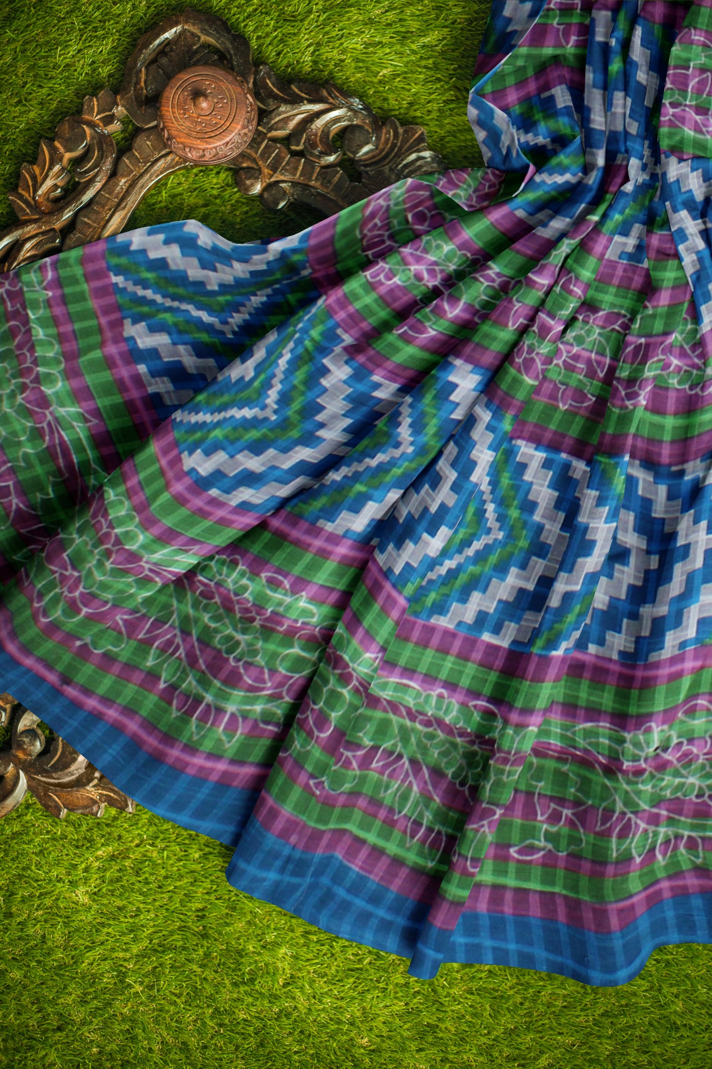 Blue Cotton Saree with Geometric and Floral Patterns