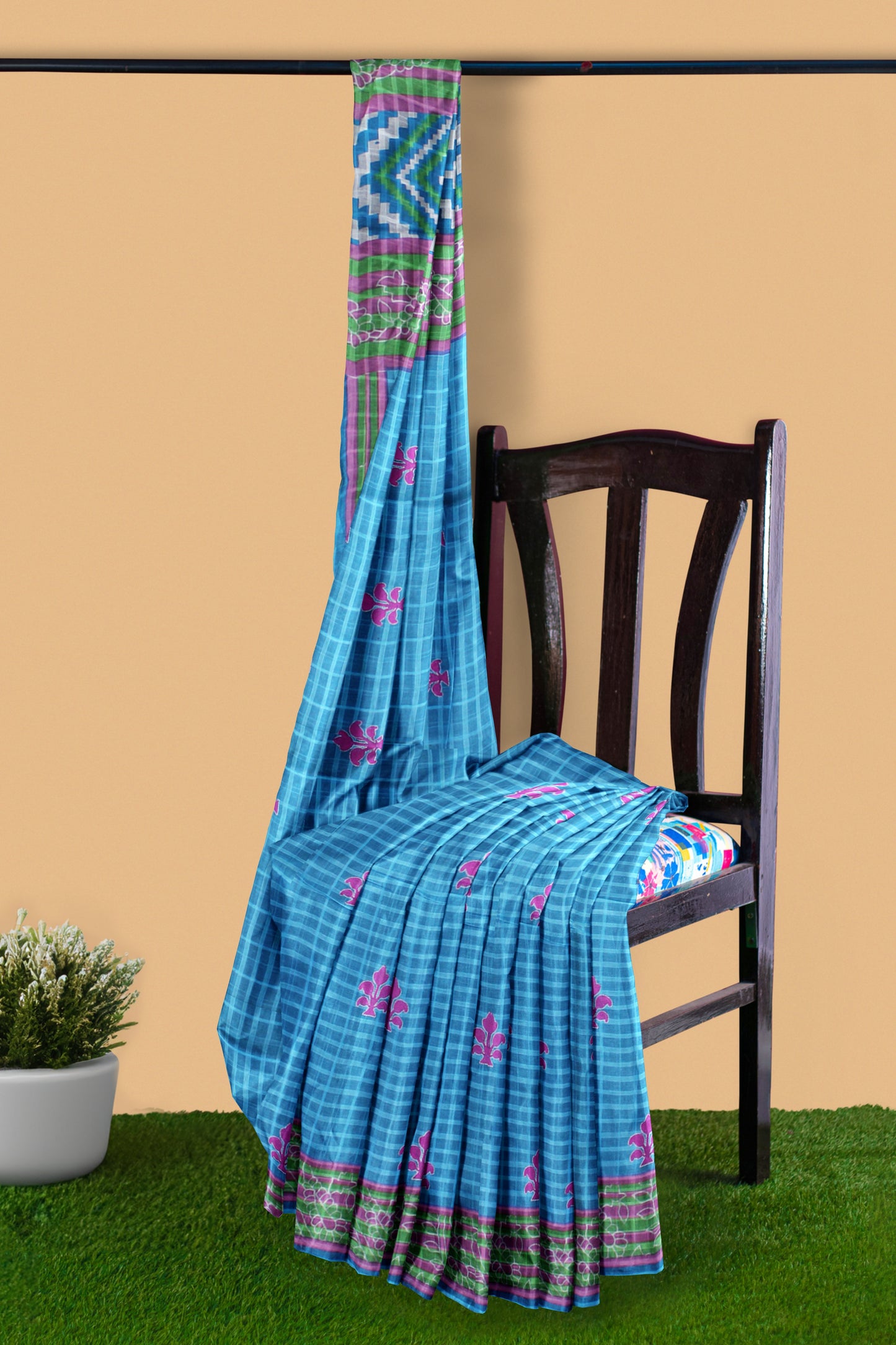 Blue Cotton Saree with Geometric and Floral Patterns