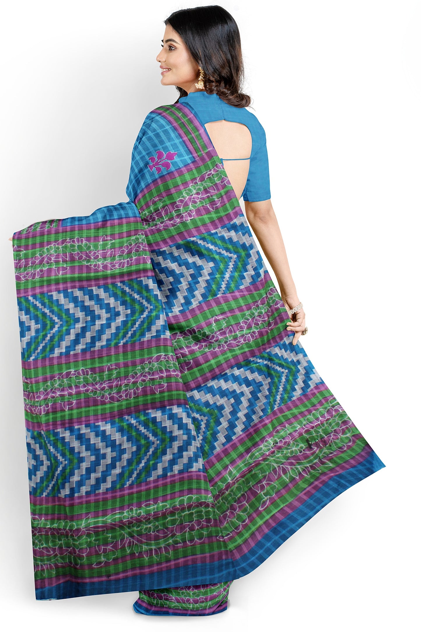 Blue Cotton Saree with Geometric and Floral Patterns