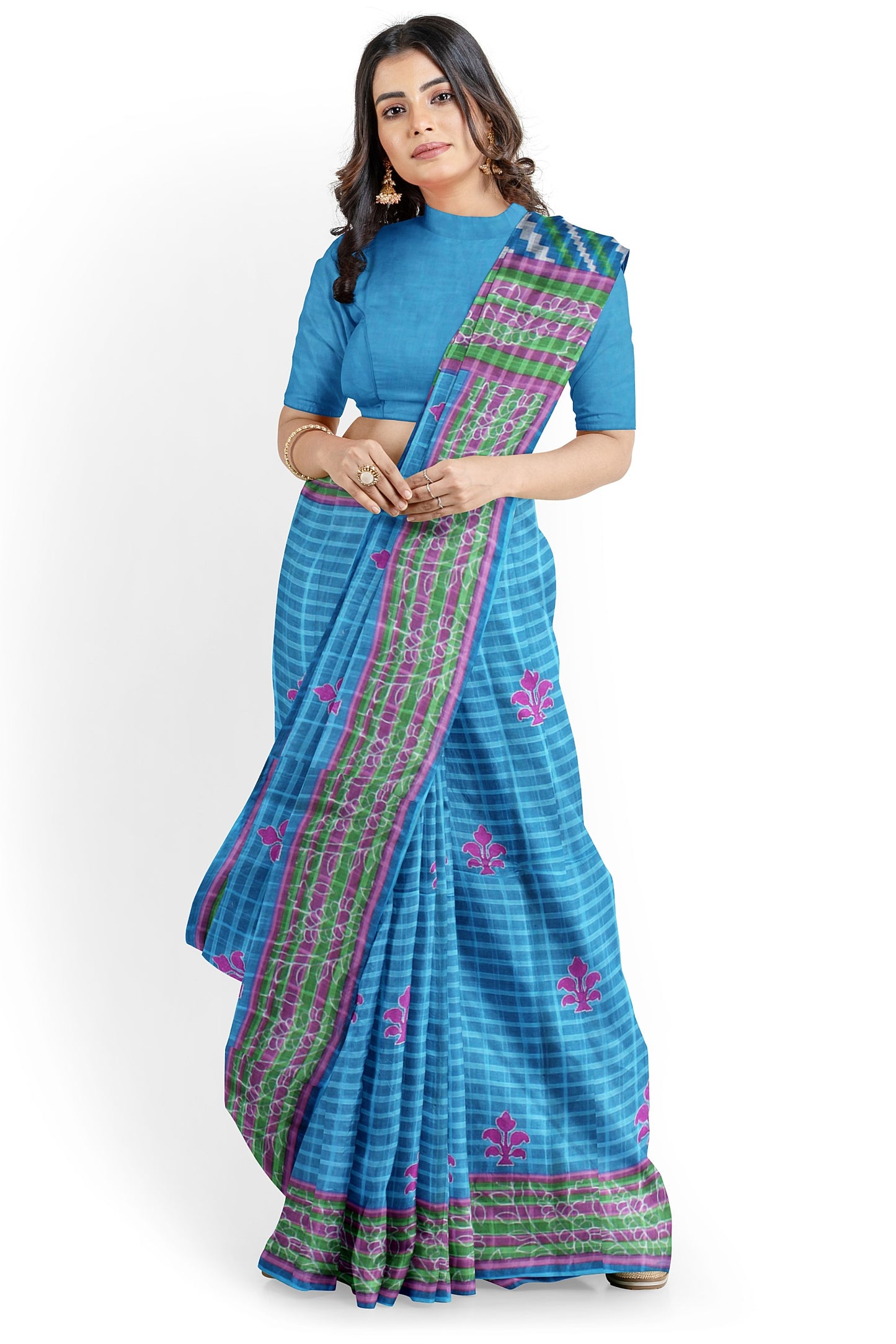 Blue Cotton Saree with Geometric and Floral Patterns