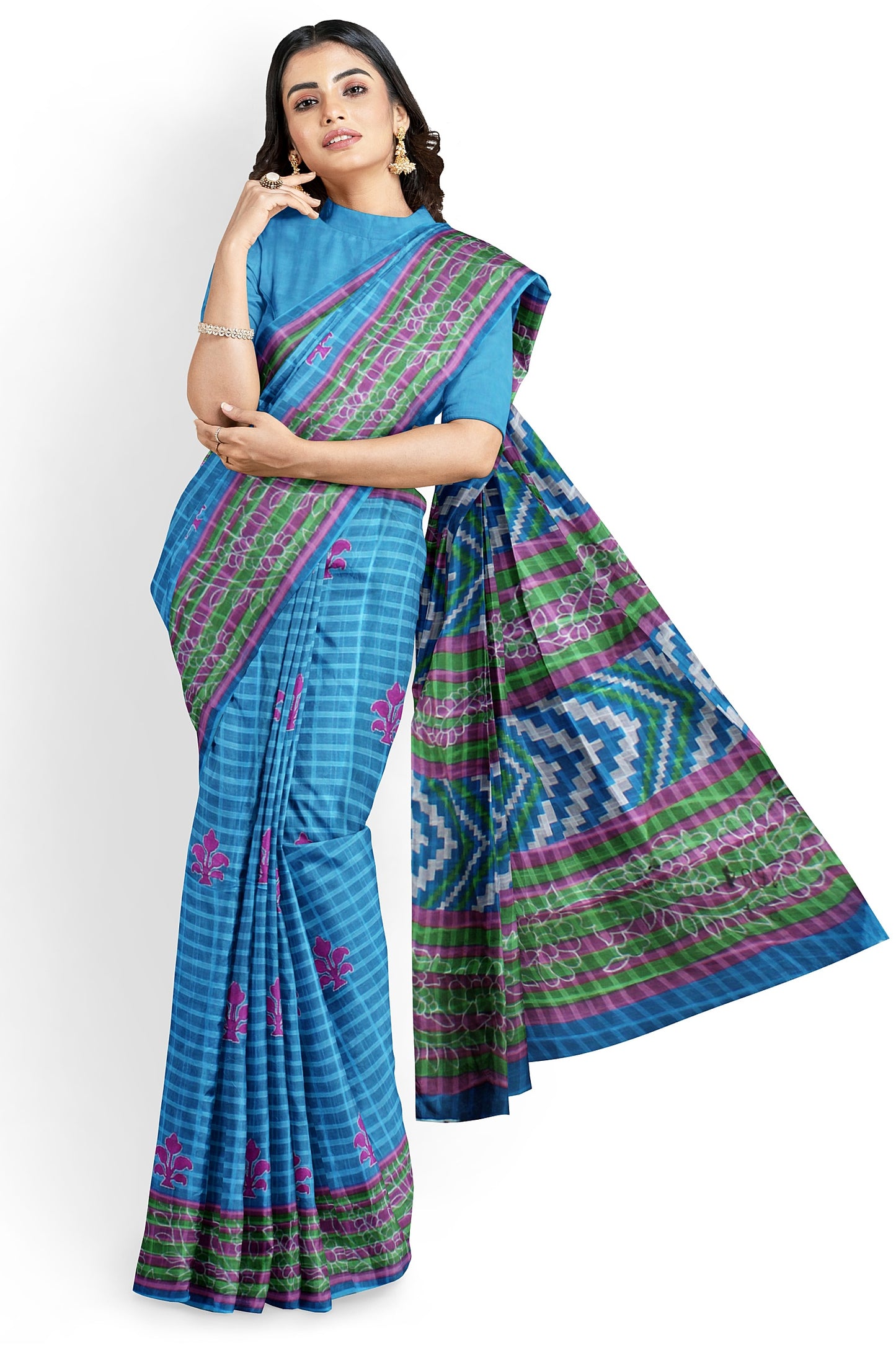 Blue Cotton Saree with Geometric and Floral Patterns