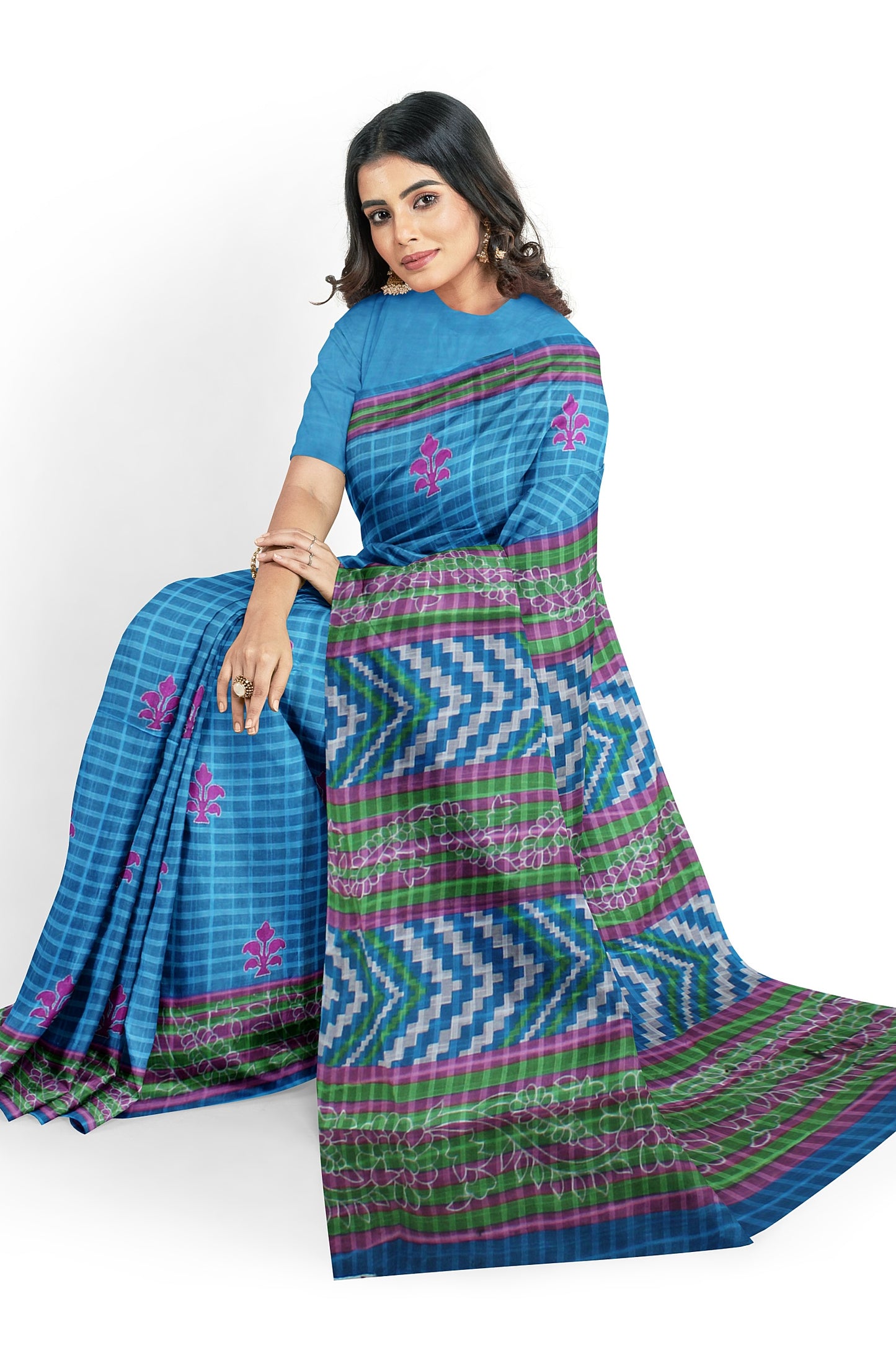Blue Cotton Saree with Geometric and Floral Patterns
