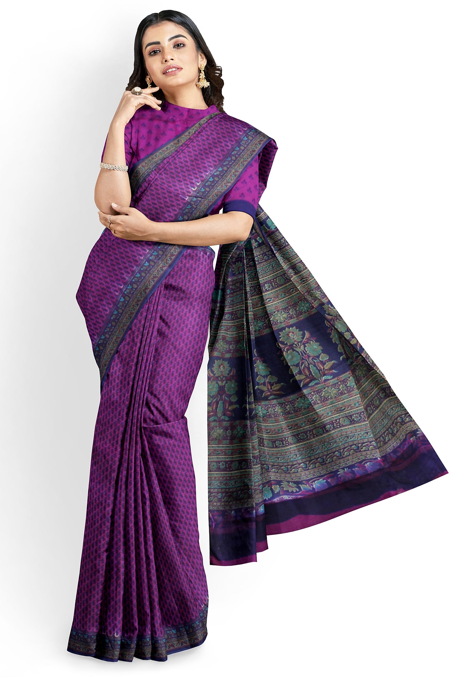 Purple Cotton Saree with Floral and Geometric Border