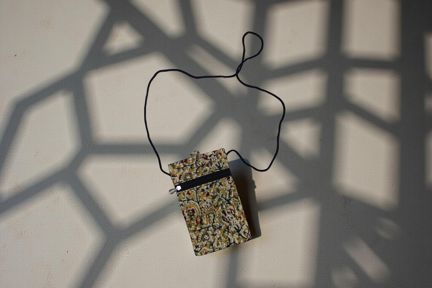 Handcrafted Block Print Mobile Sling Pouch with Embroidered Patch