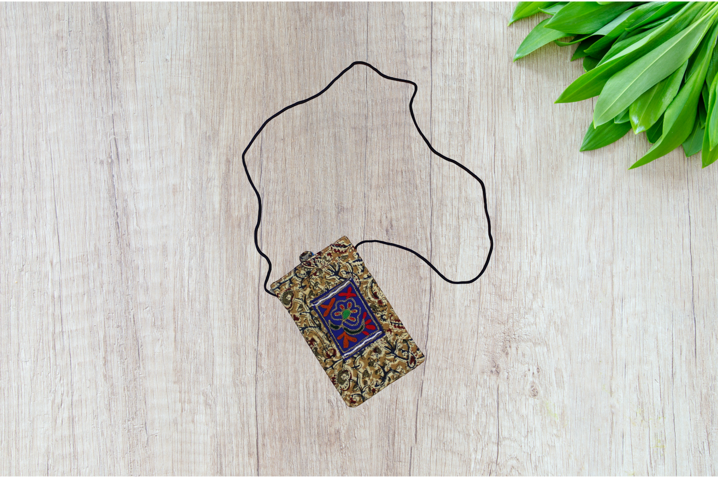 Handcrafted Block Print Mobile Sling Pouch with Embroidered Patch