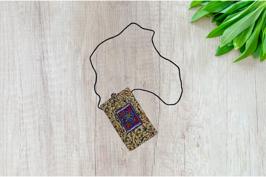 Handcrafted Block Print Mobile Sling Pouch with Embroidered Patch