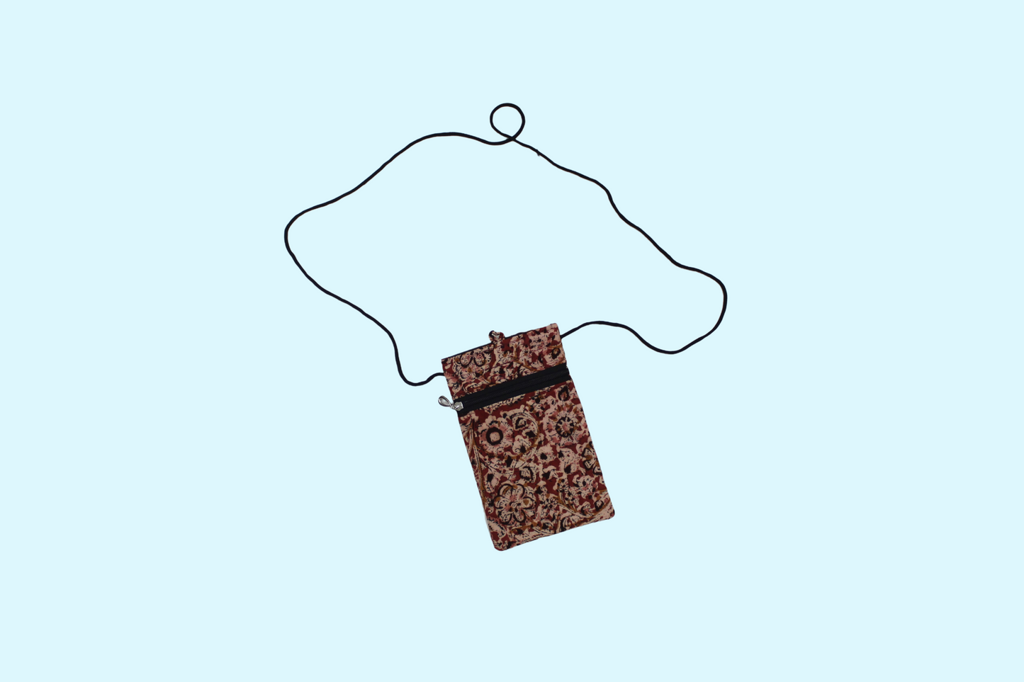Handcrafted Block Print Mobile Sling Pouch with Embroidered Patch