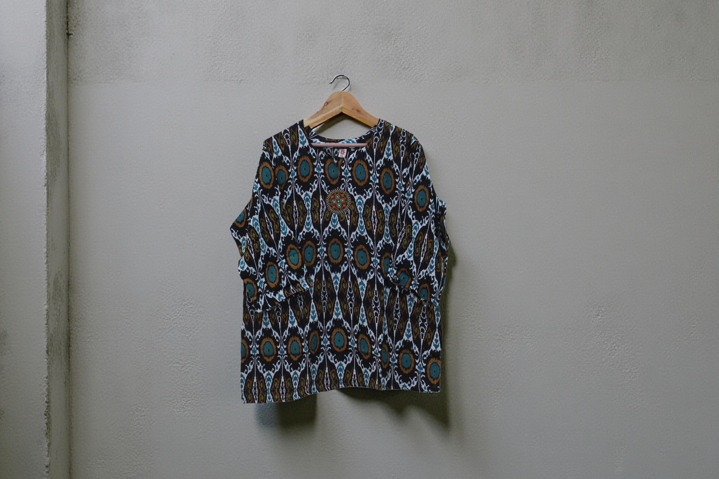 Ethnic Ikat Print Tunic Top with Embroidered Detail