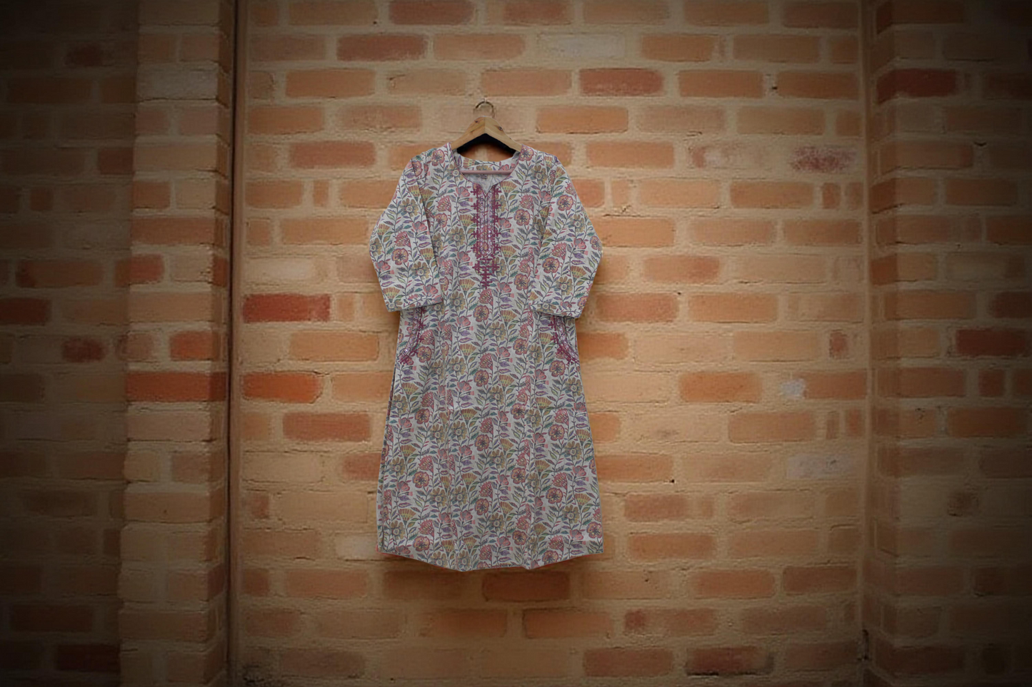 Printed Floral Kurta with Side Pockets | Embroidered Yoke