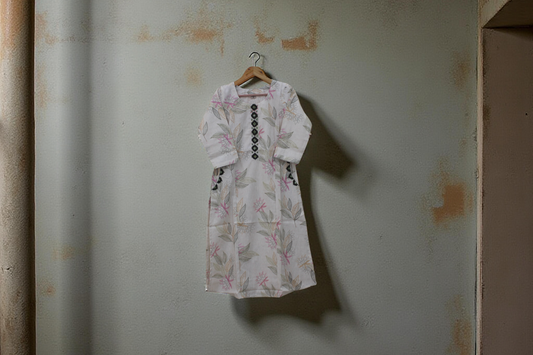 Chiffon Bloom: Pastel Floral Print Kurta with Embroidered Placket