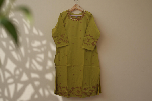 Olive Green Kurta with Geometric Print and Mirror Work Neckline (3XL)