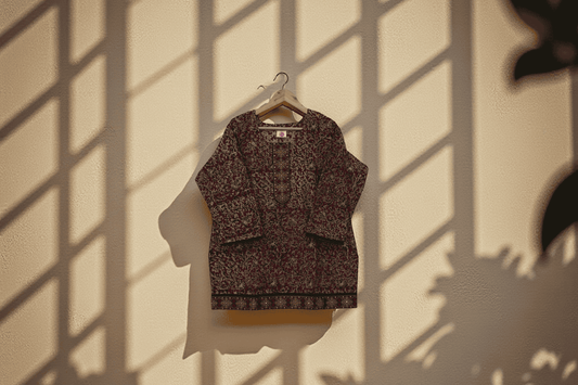 Rustic Maroon Block Print Tunic with Embroidered Yoke