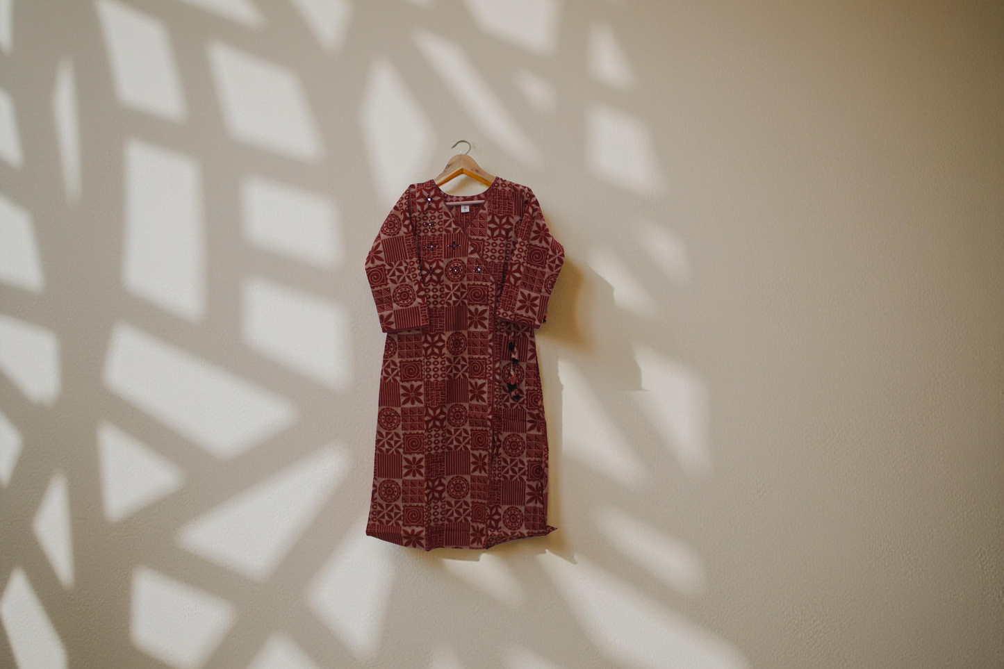 Maroon Geometric Printed Cotton Kurti with Mirror Work