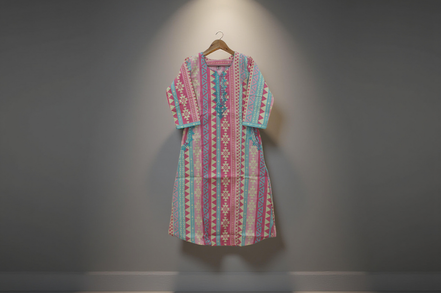 Multicolor Geometric Printed Cotton Kurti with Embroidered Neckline