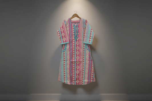 Multicolor Geometric Printed Cotton Kurti with Embroidered Neckline