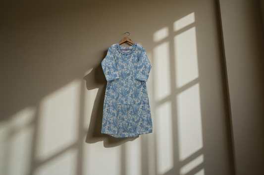 Sky Blue Floral Printed Cotton Kurti with Embroidered Neckline and Side Pockets