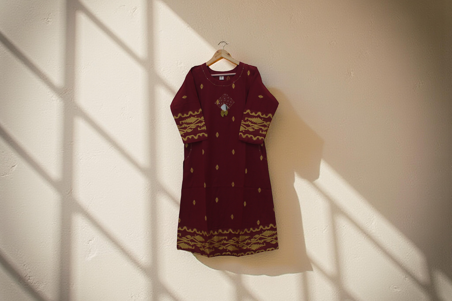 Maroon Cotton Kurti with Thread Embroidery and Mirror Work