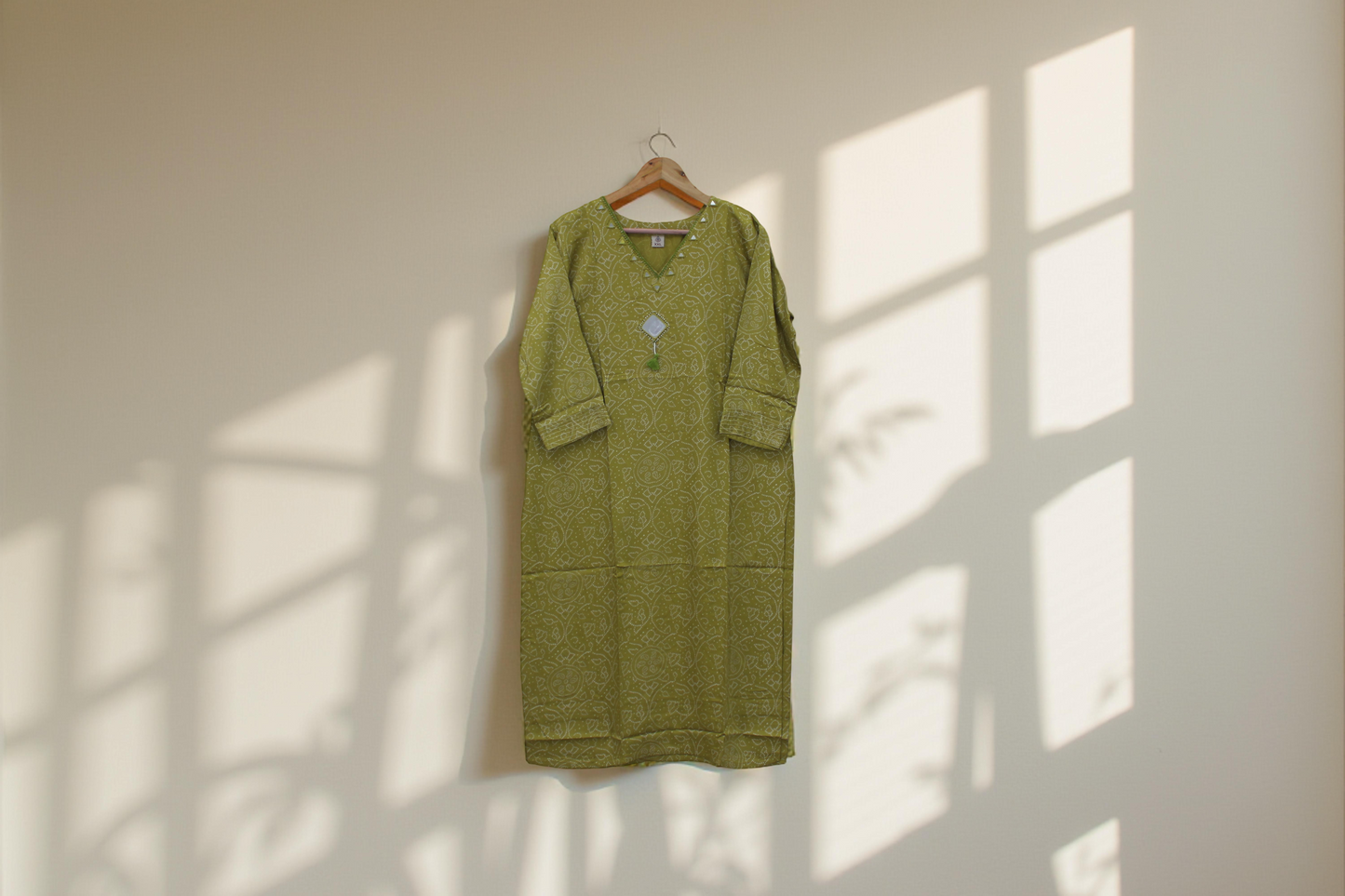 Olive Green Silk Blend Kurti with  Mirror Work