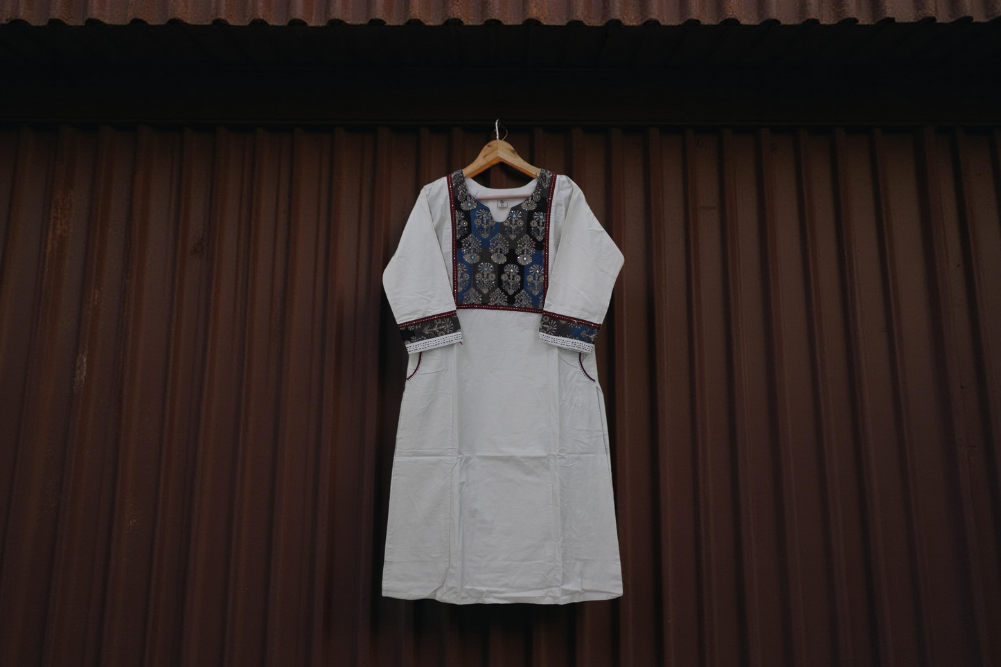 Cotton Kurti Pant Set - Patchwork Yoke & Mirror Work