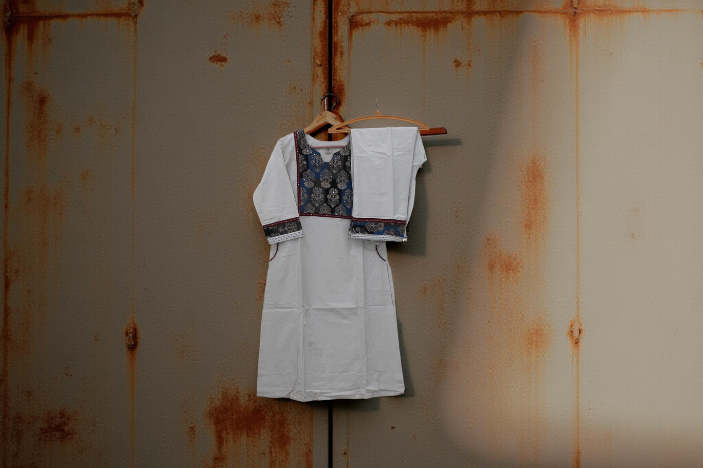Cotton Kurti Pant Set - Patchwork Yoke & Mirror Work