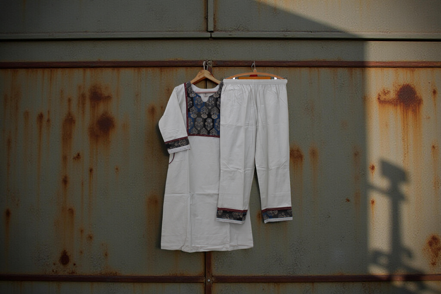 Cotton Kurti Pant Set - Patchwork Yoke & Mirror Work