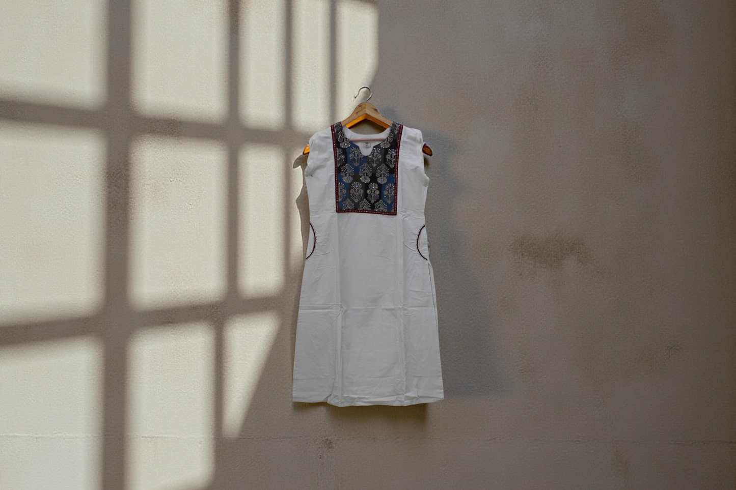 Cotton Kurti Pant Set - Patchwork Yoke & Mirror Work