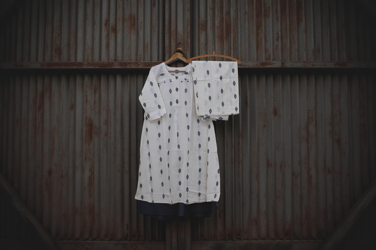 Elegant White Printed Cotton A-Line Kurti with Trousers Set