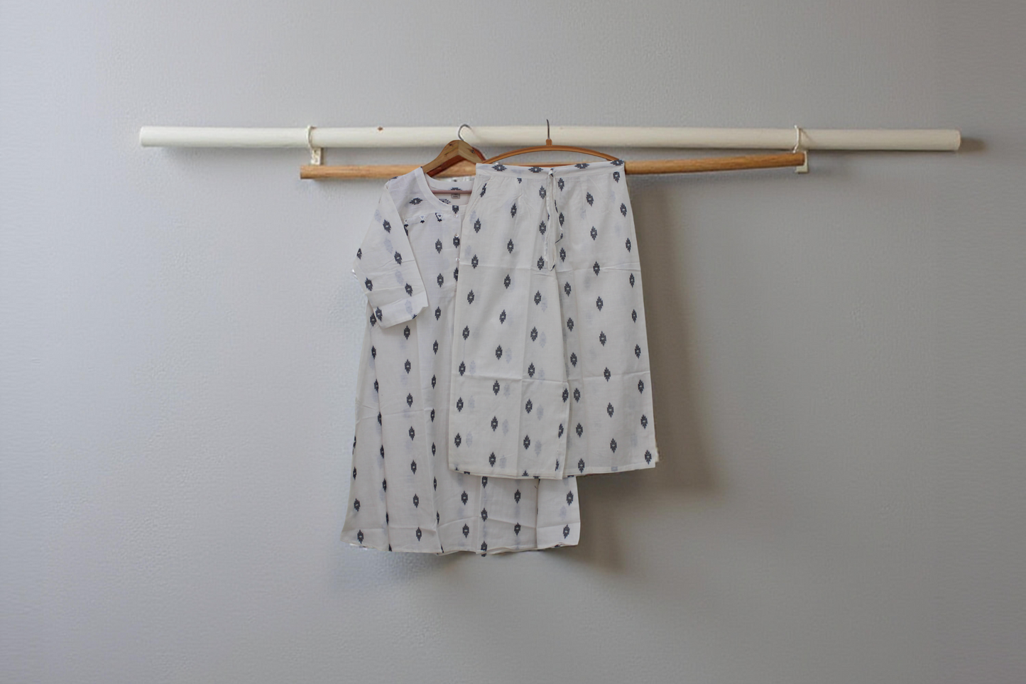 Elegant White Printed Cotton A-Line Kurti with Trousers Set