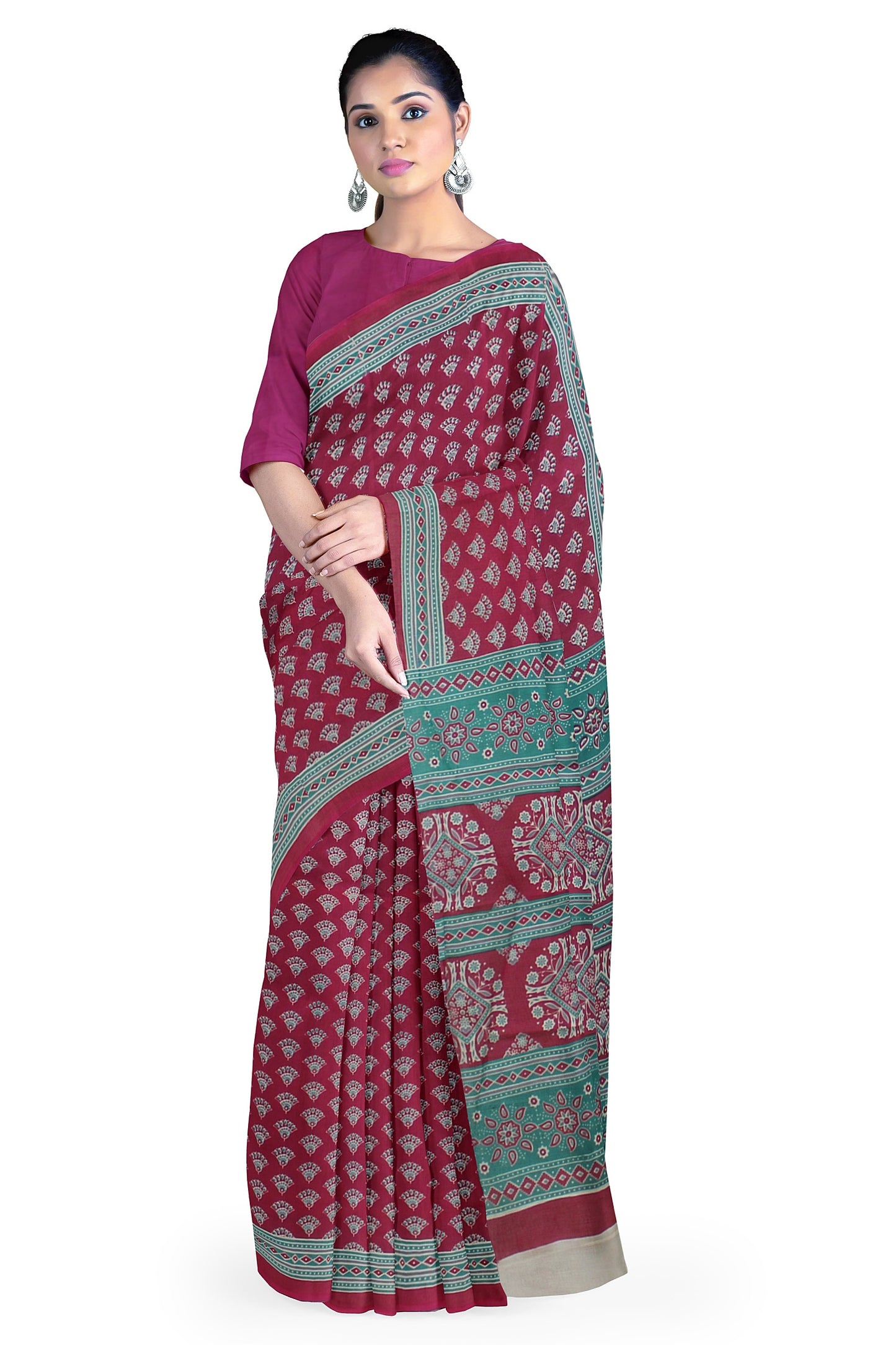 Cotton Block Printed Saree With Unstitched Blouse Piece