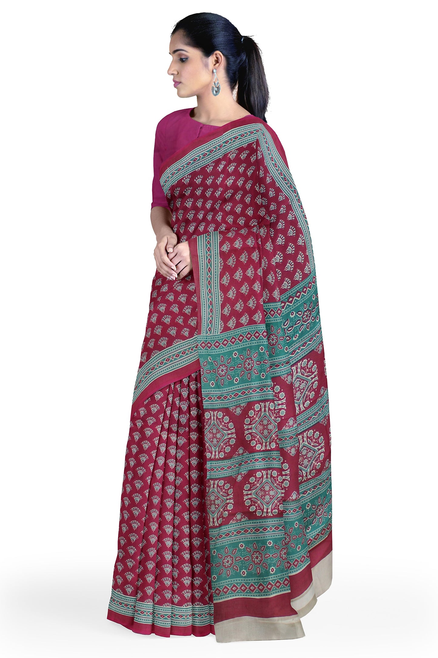 Cotton Block Printed Saree With Unstitched Blouse Piece