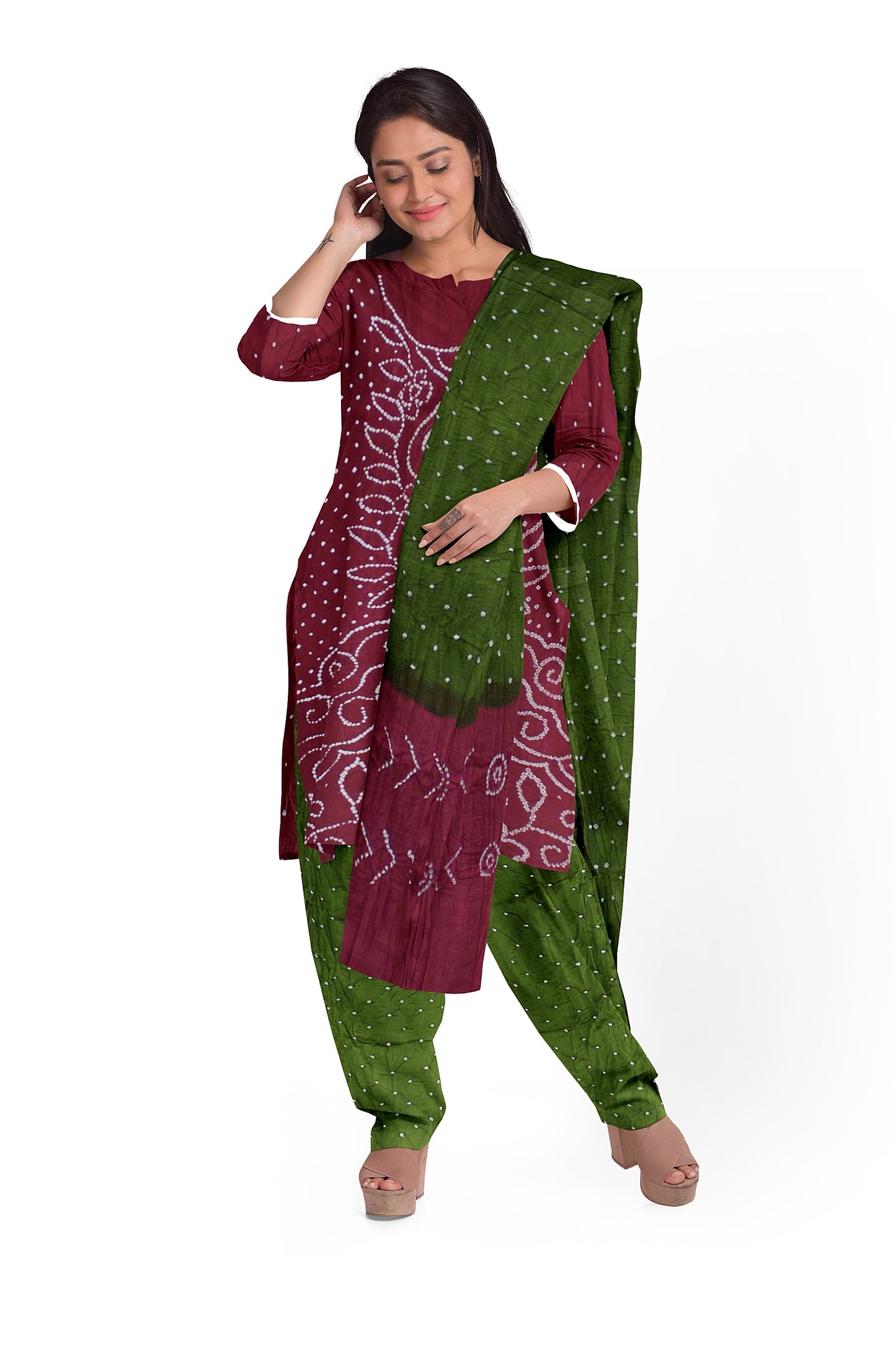 Cotton Bandhani Dress Material | Cotton Suit Set| 3PC Suitset | Salwar Suit Material | Unstitched