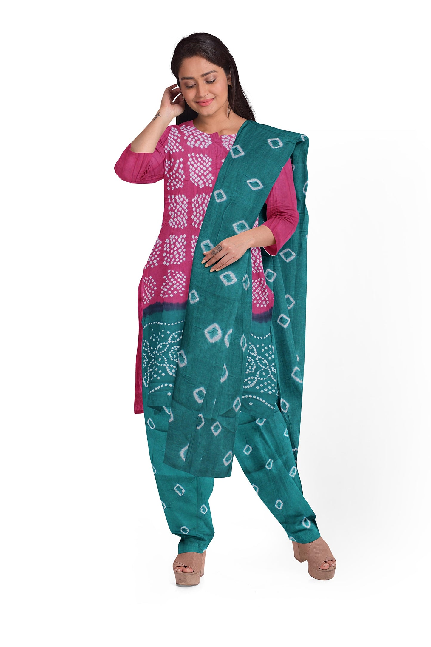 Cotton Bandhani Dress Material | Cotton Suit Set| 3PC Suitset | Salwar Suit Material | Unstitched
