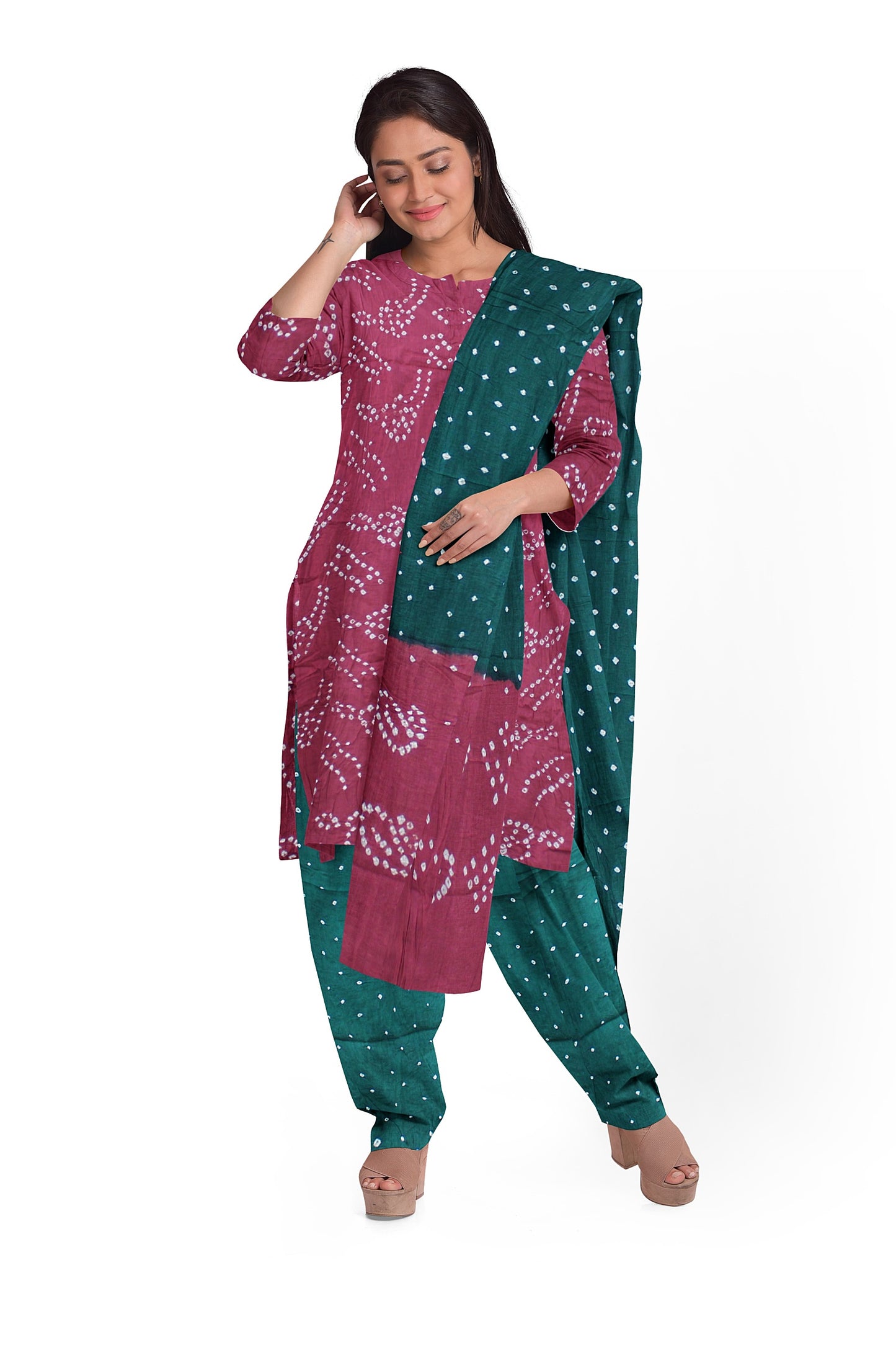 Cotton Bandhani Dress Material | Cotton Suit Set| 3PC Suitset | Salwar Suit Material | Unstitched