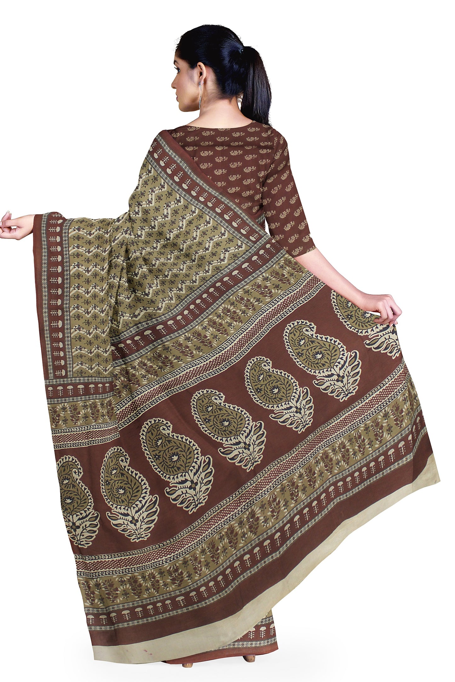 Cotton Block Printed Saree With Unstitched Blouse Piece