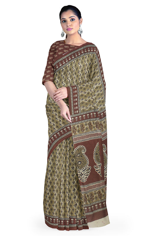Cotton Block Printed Saree With Unstitched Blouse Piece