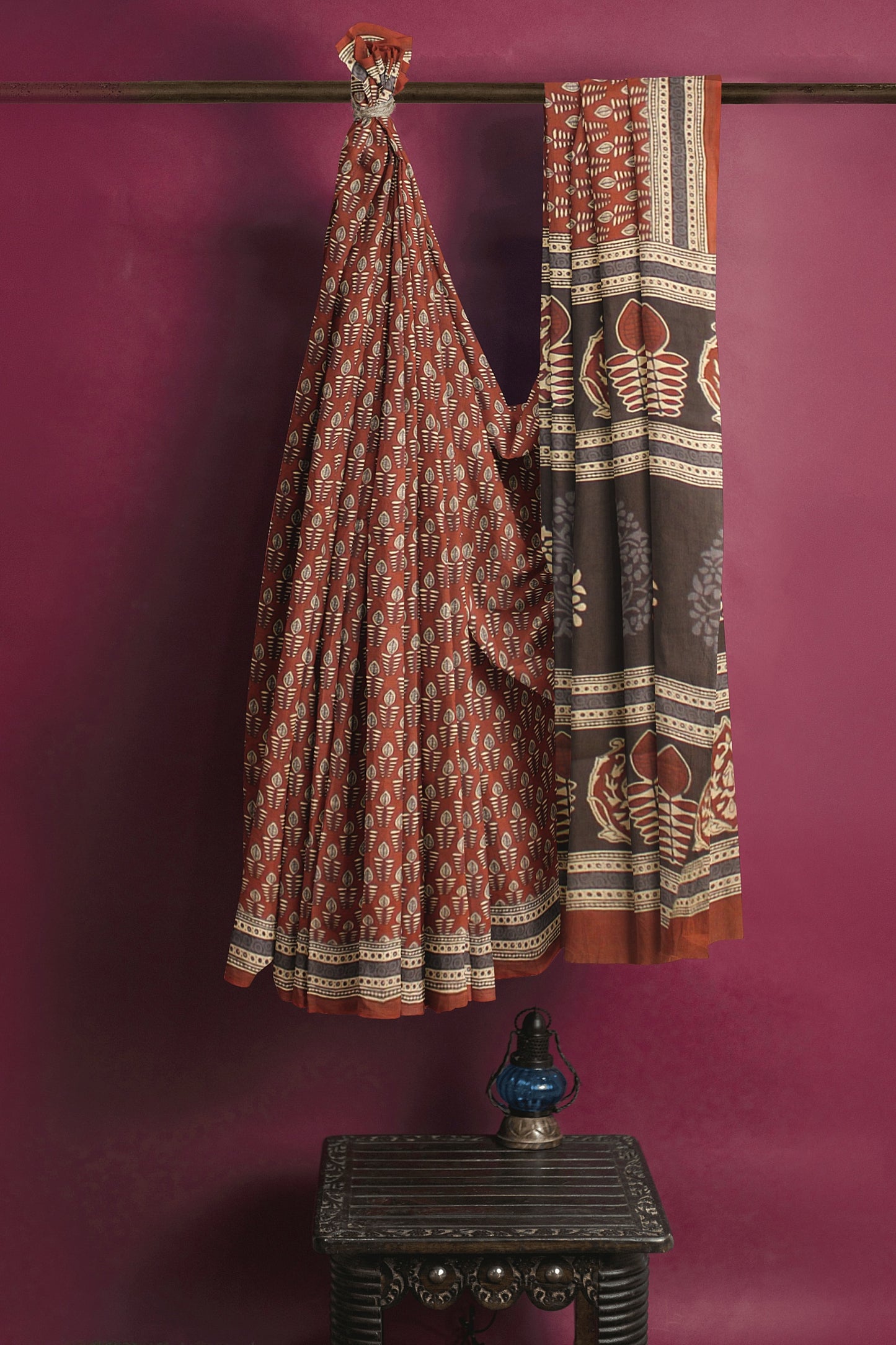 Cotton Block Printed Saree With Unstitched Blouse Piece