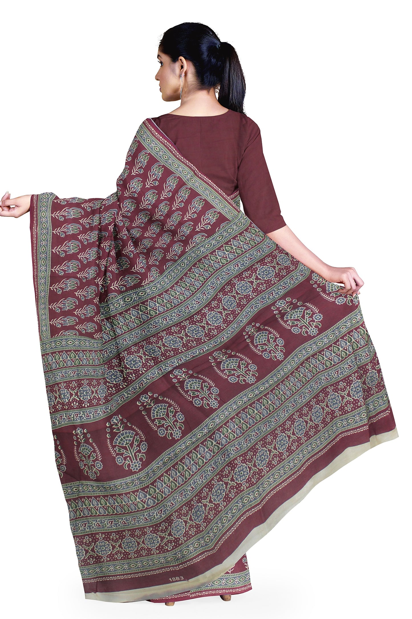 Cotton Block Printed Saree With Unstitched Blouse Piece