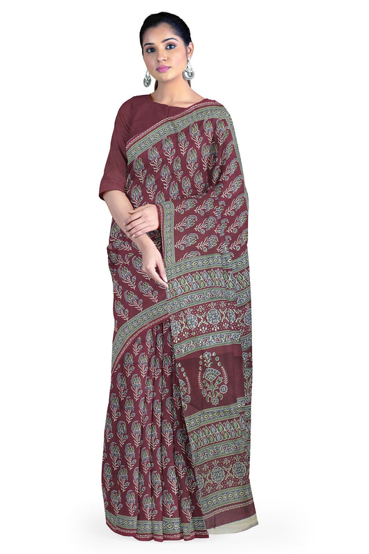 Cotton Block Printed Saree With Unstitched Blouse Piece