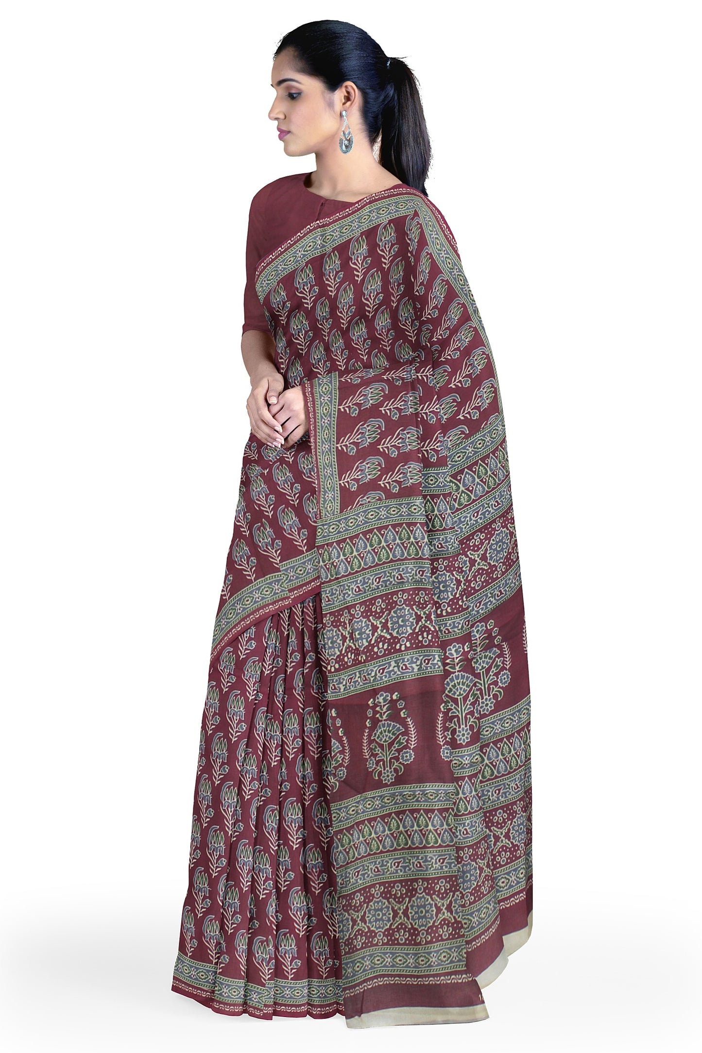 Cotton Block Printed Saree With Unstitched Blouse Piece