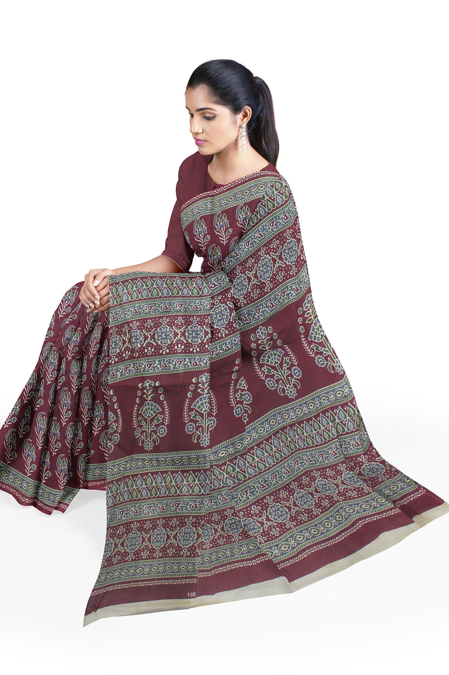 Cotton Block Printed Saree With Unstitched Blouse Piece
